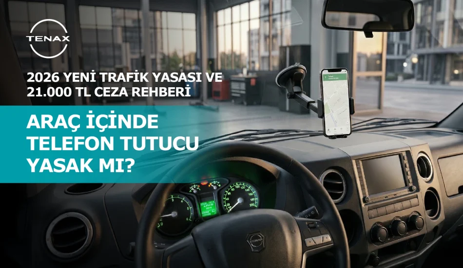 Araç içinde telefon tutucu yasakları: Ön cama takılı tutucu ve ceza haberi gösteren telefon.